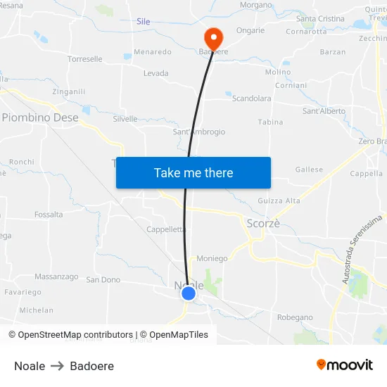 Noale to Badoere map