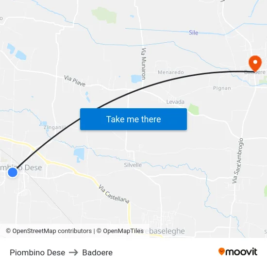 Piombino Dese to Badoere map