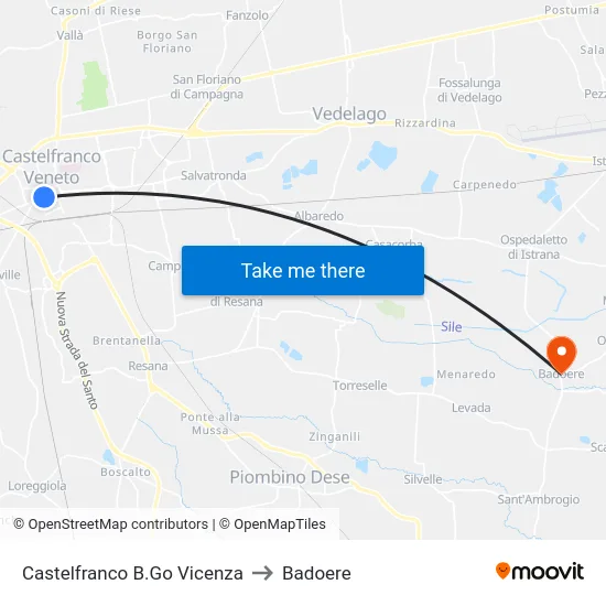 Castelfranco B.Go Vicenza to Badoere map