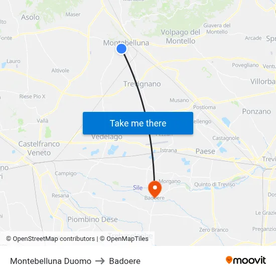 Montebelluna Cathedral to Badoere map