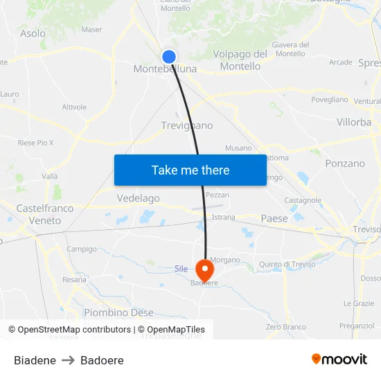 Biadene to Badoere map