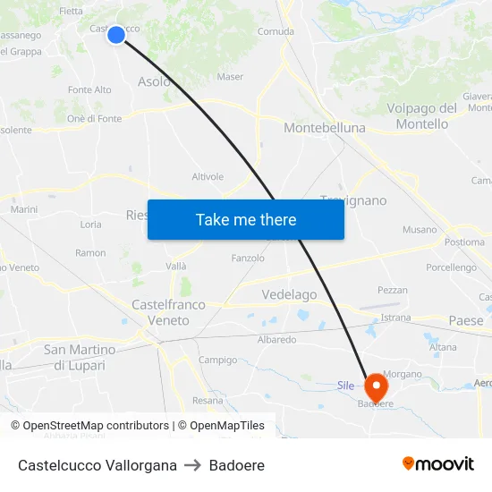 Castelcucco Vallorgana to Badoere map