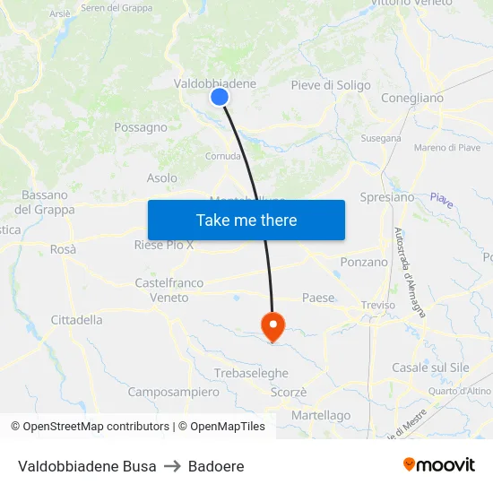 Valdobbiadene Busa to Badoere map