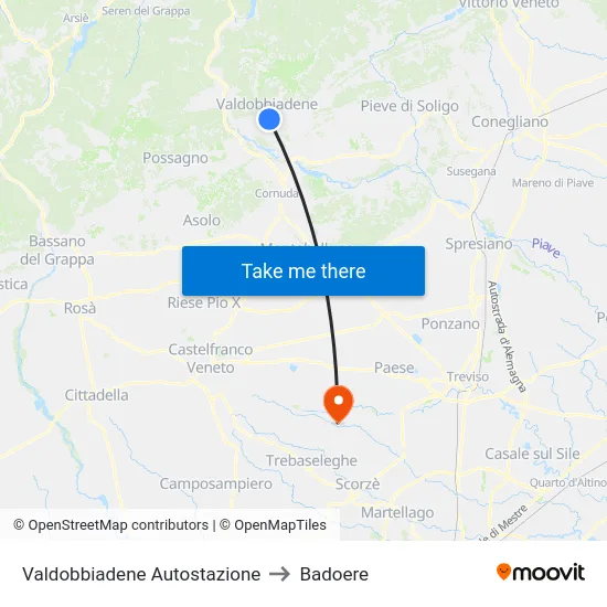 Valdobbiadene Autostazione to Badoere map
