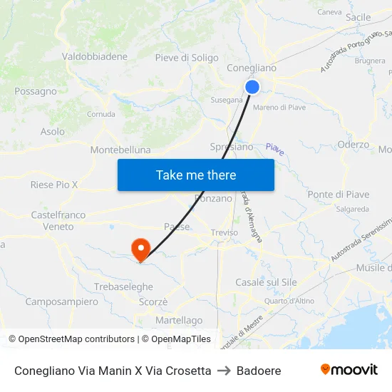 Conegliano Via Manin X Via Crosetta to Badoere map
