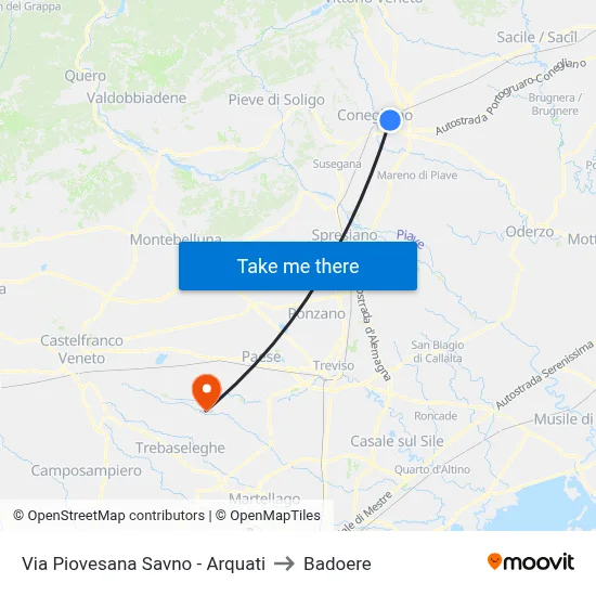 Via Piovesana Savno - Arquati to Badoere map