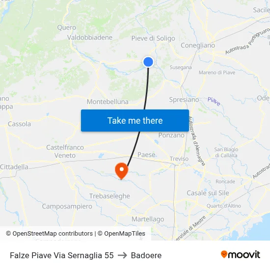 Falze Piave Via Sernaglia 55 to Badoere map