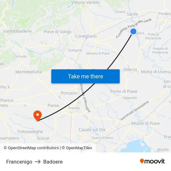 Francenigo to Badoere map