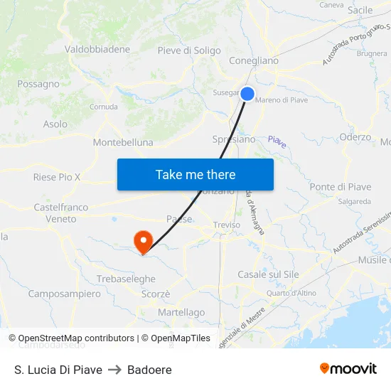 S. Lucia Di Piave to Badoere map