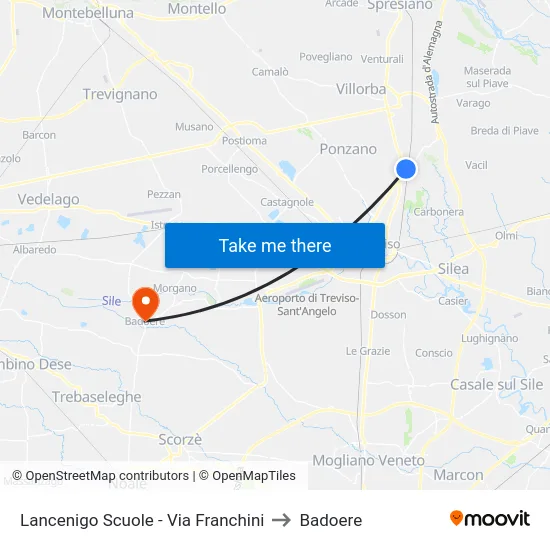 Lancenigo Scuole - Via Franchini to Badoere map