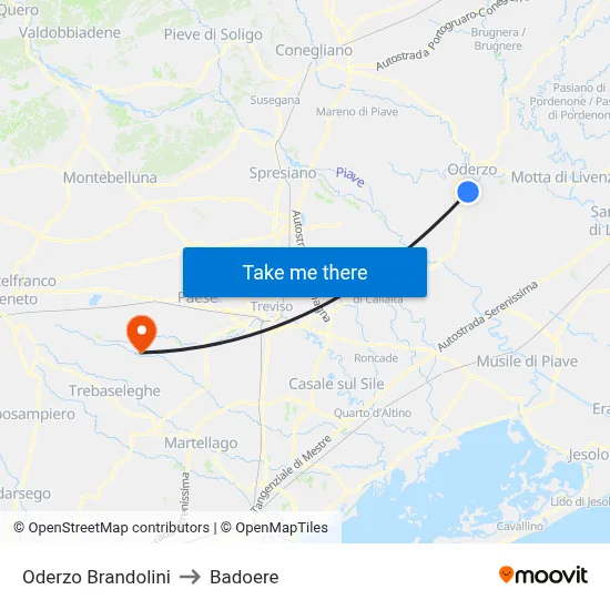 Oderzo Brandolini to Badoere map