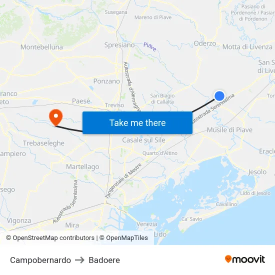 Campobernardo to Badoere map