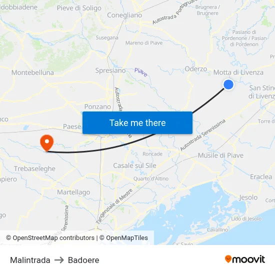 Malintrada to Badoere map