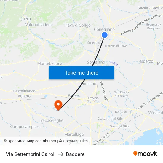 Via Settembrini Cairoli to Badoere map