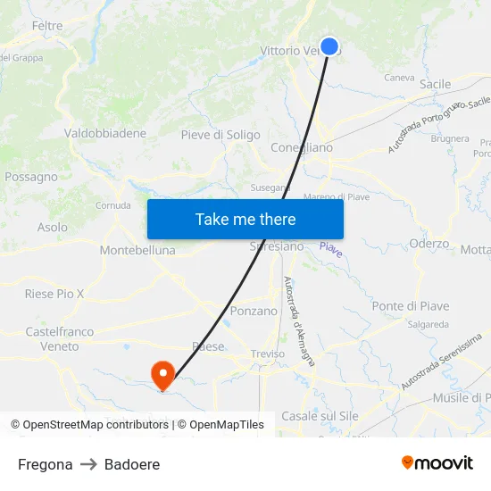 Fregona to Badoere map