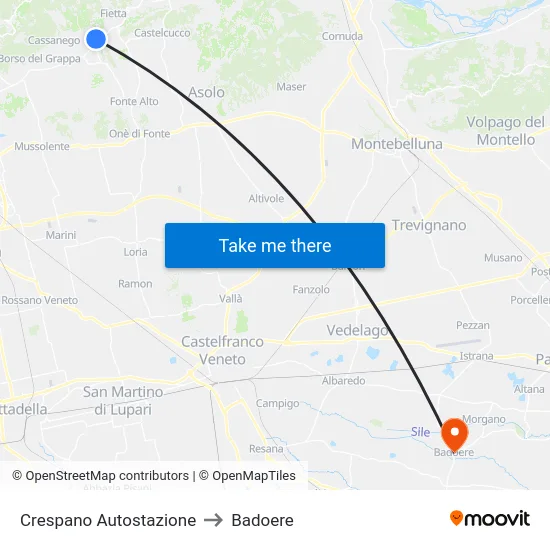Crespano Autostazione to Badoere map