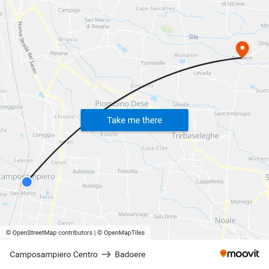 Camposampiero Center to Badoere map