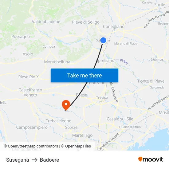 Susegana to Badoere map