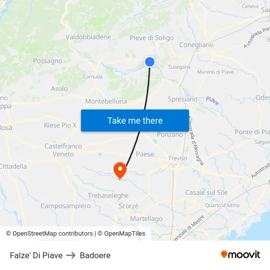Falze' Di Piave to Badoere map