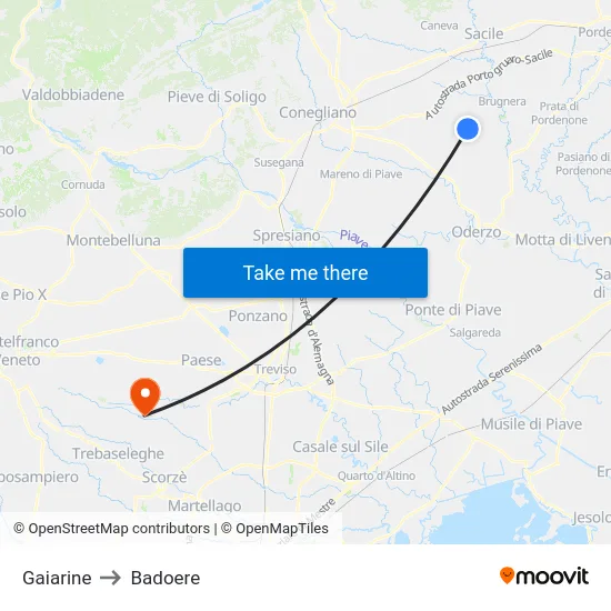 Gaiarine to Badoere map