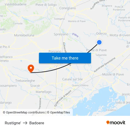 Rustigne' to Badoere map