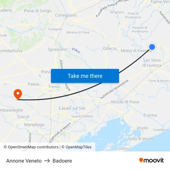 Annone Veneto to Badoere map