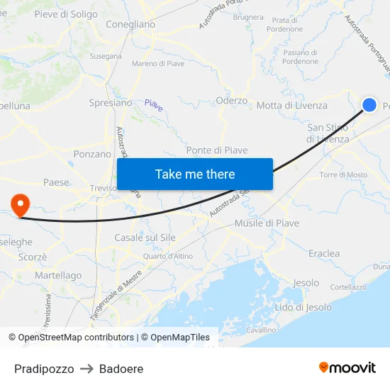 Pradipozzo to Badoere map