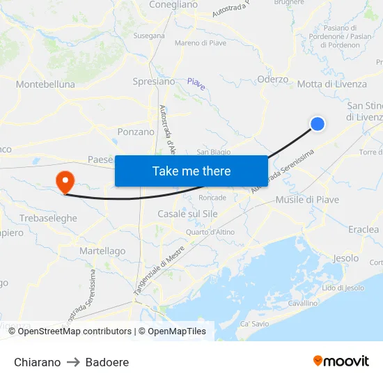 Chiarano to Badoere map