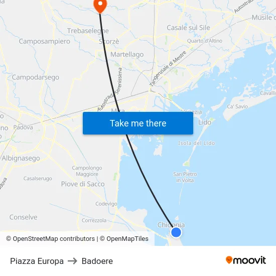 Piazza Europa to Badoere map