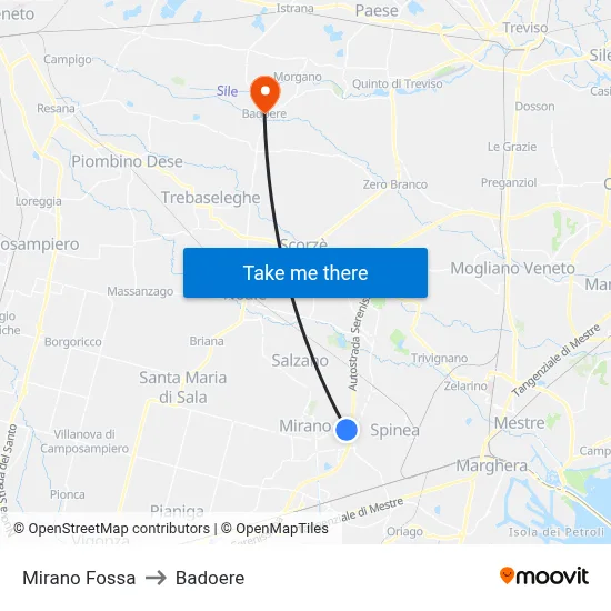 Mirano Fossa to Badoere map
