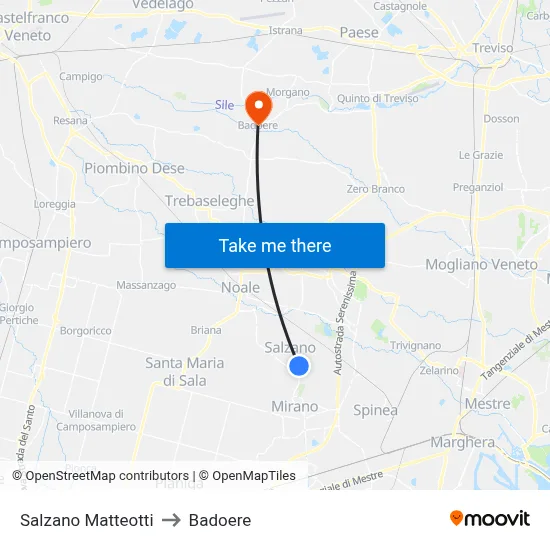 Salzano Matteotti to Badoere map