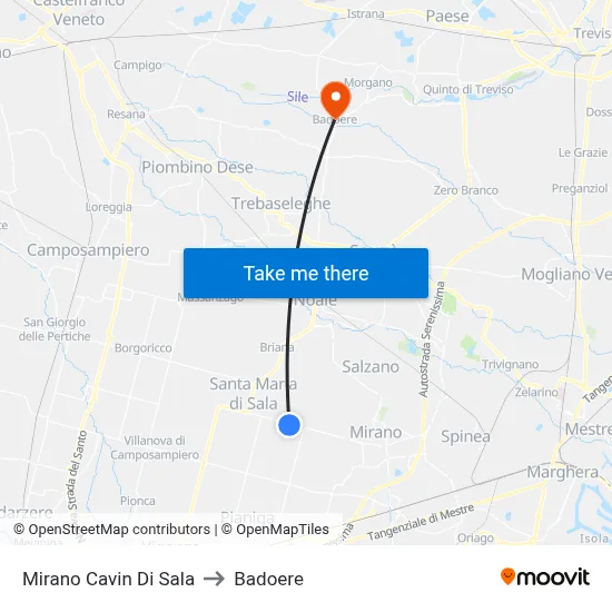 Mirano Cavin Di Sala to Badoere map