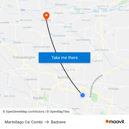 Martellago Ca' Combi to Badoere map