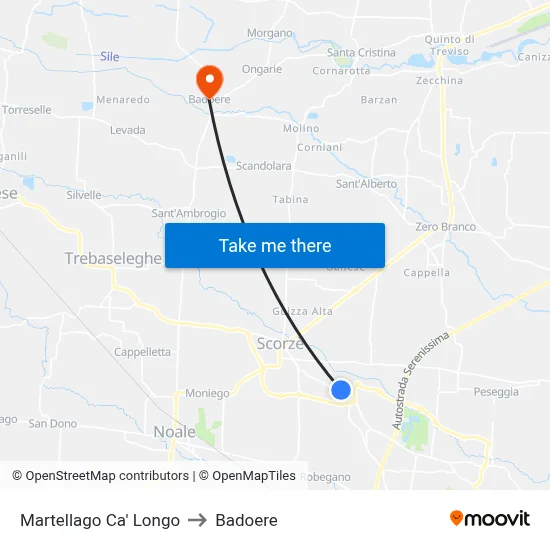 Martellago Ca' Longo to Badoere map