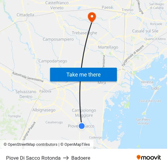 Piove Di Sacco Roundabout to Badoere map