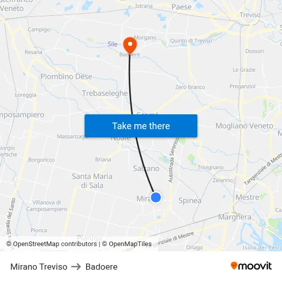 Mirano Treviso to Badoere map