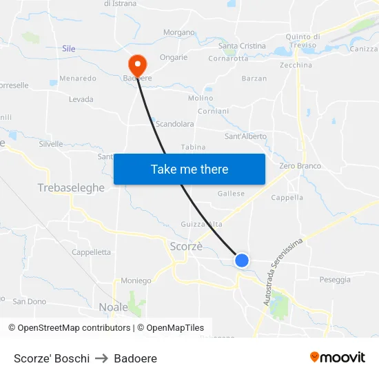 Scorze' Boschi to Badoere map