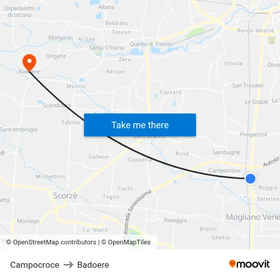 Campocroce to Badoere map