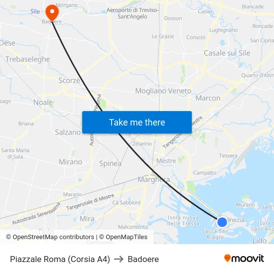Piazzale Roma (Corsia A4) to Badoere map