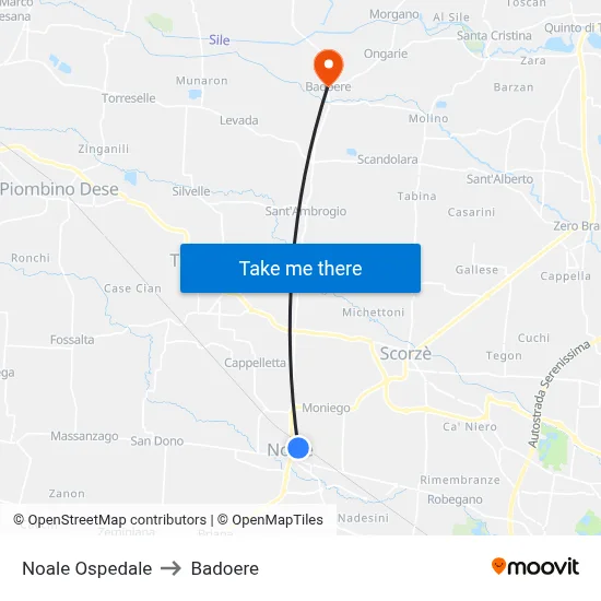 Noale Hospital to Badoere map