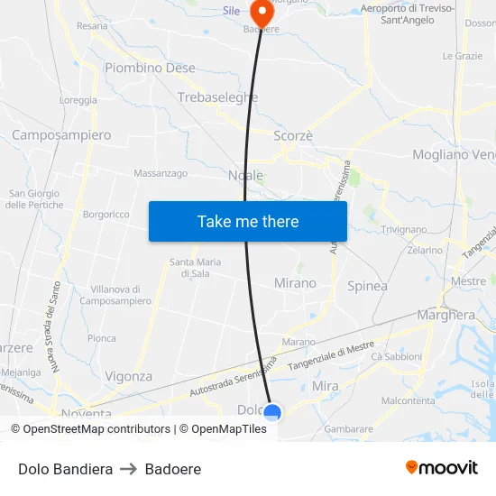 Dolo Bandiera to Badoere map