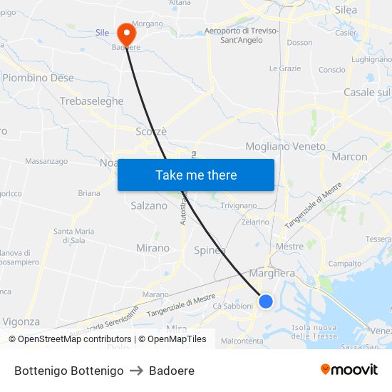 Bottenigo Bottenigo to Badoere map