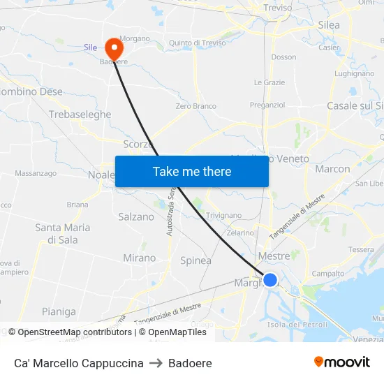 Ca' Marcello Cappuccina to Badoere map