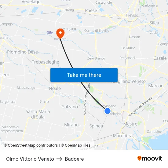Olmo Vittorio Veneto to Badoere map