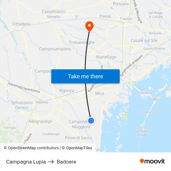 Campagna Lupia to Badoere map