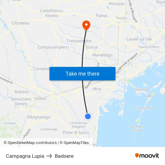 Campagna Lupia to Badoere map