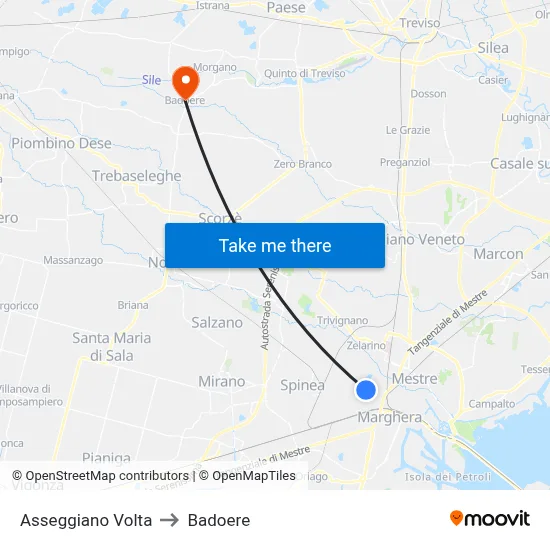 Asseggiano Volta to Badoere map