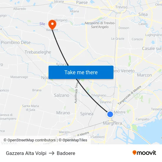 Gazzera Alta Volpi to Badoere map
