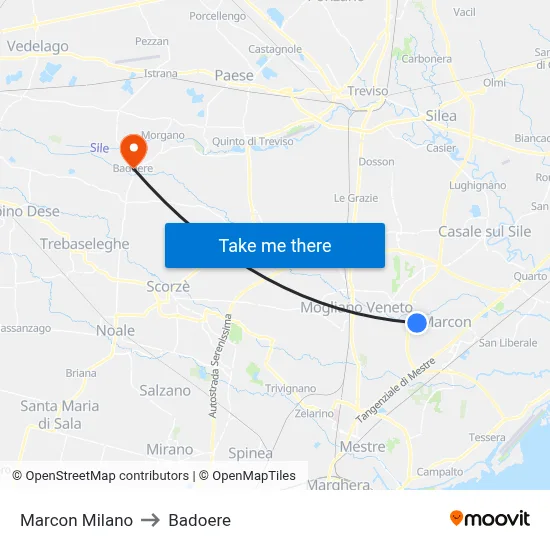 Marcon Milano to Badoere map
