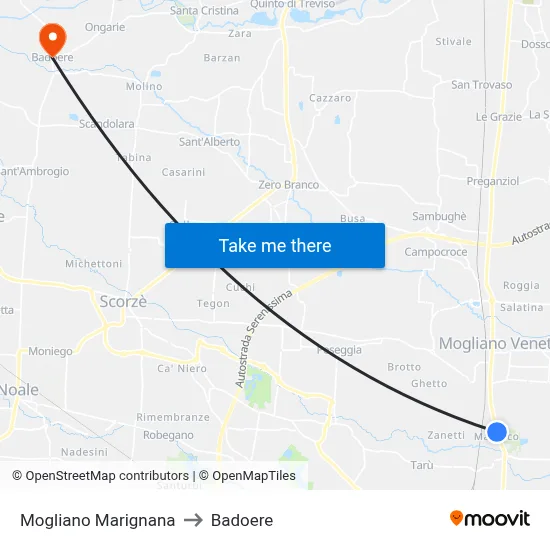 Mogliano Marignana to Badoere map